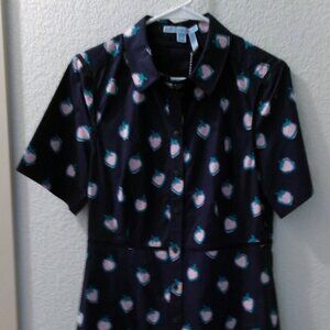 NWTS, DRAPER JAMES, SIZE 10, NAVY BLUE/STRAWBERRIES, BUTTON, CIRCLE DRESS
